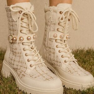 MWOT White Tweed & Leather Ankle Boots with Pearl Accent Strap